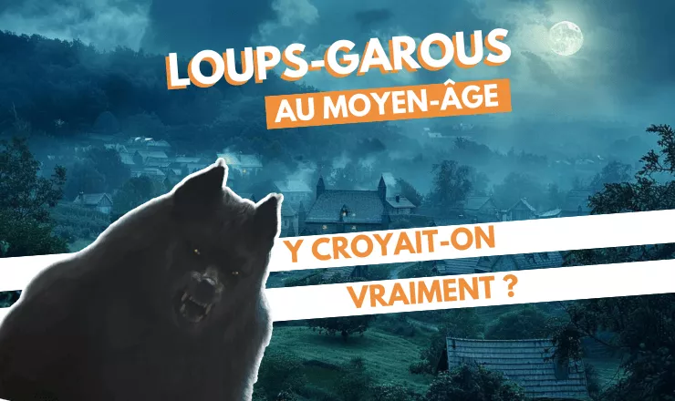 Village dans l'obscurité au fond avec loup-garou au premier plan et texte : 