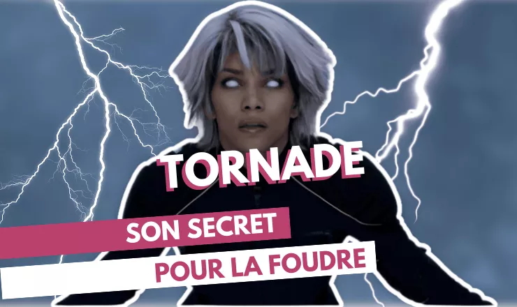 Personnage de Tornade des X-men, entourée d'éclairs, avec le texte 